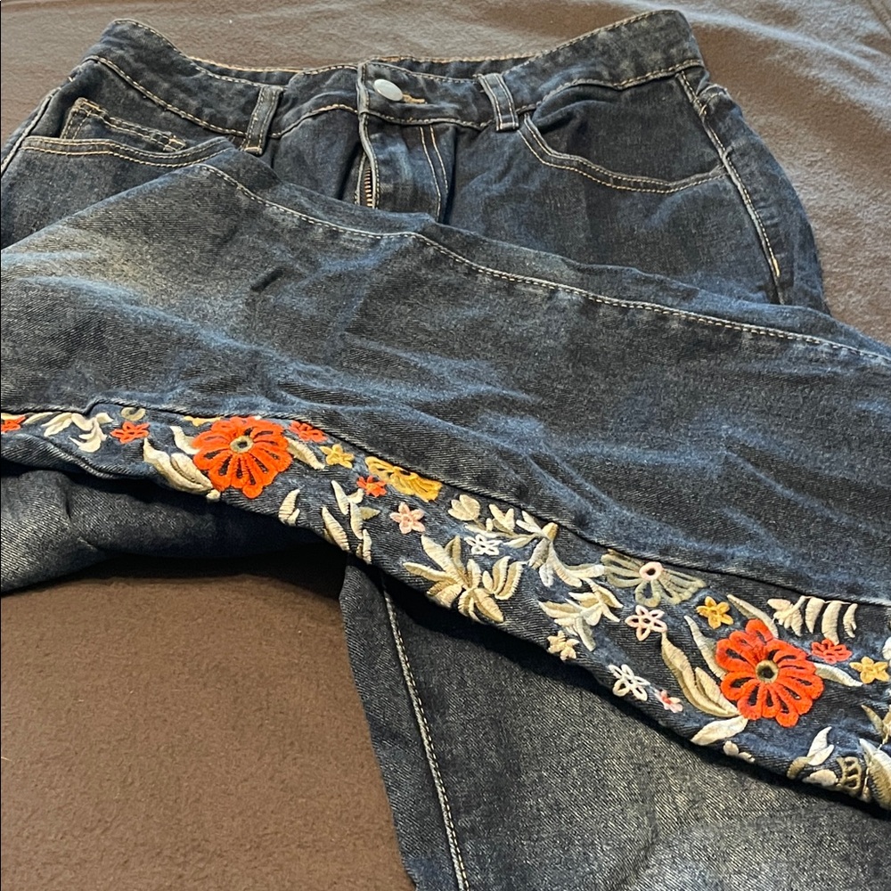 SHEIN Dark Blue Floral Embroidered Flare Jeans